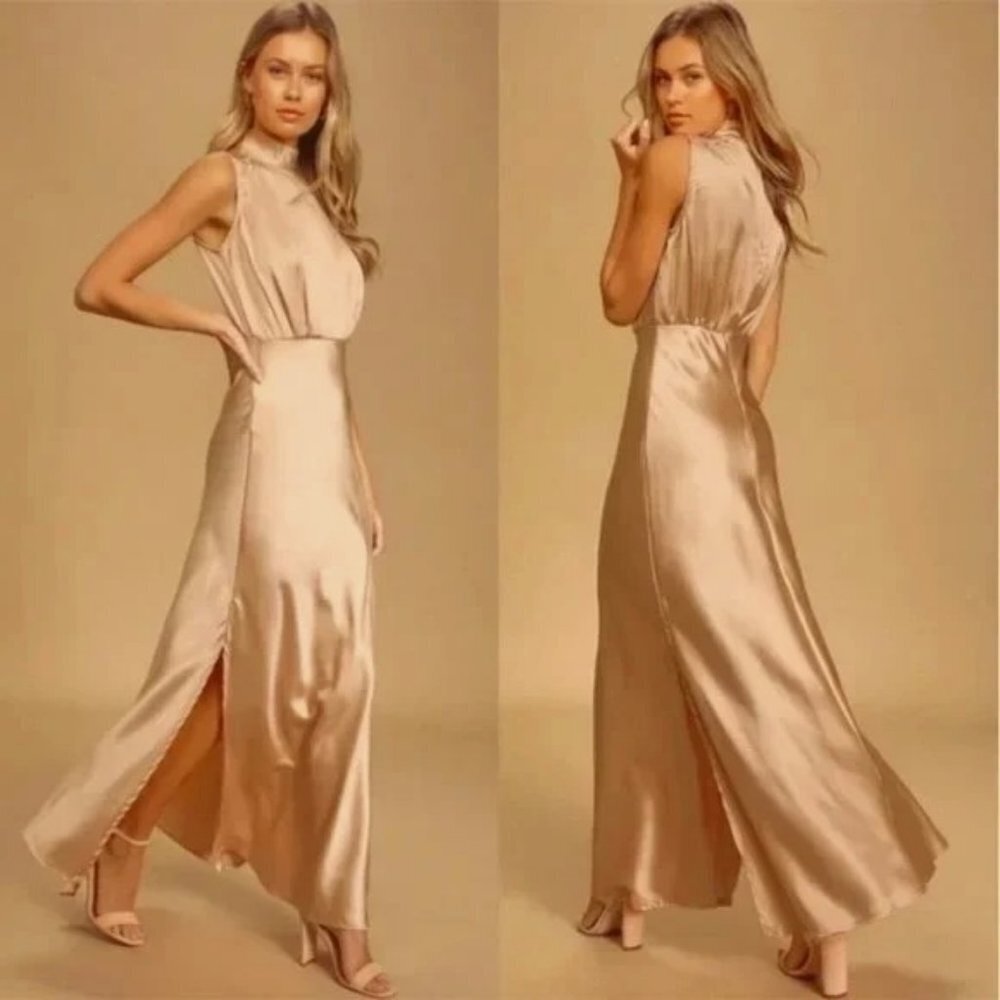 NWT LULU'S Classic Elegance Blush Satin Maxi Dress Sleeveless Mock Neck S